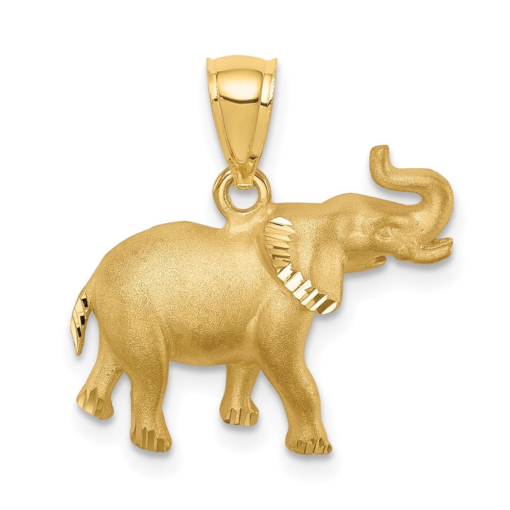 14k Yellow Gold Brushed Diamond-cut Elephant Necklace Charm Pendant, unisex